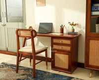 Boston Wooden Rattan Cane Study Laptop Table Desk with Two Drawer and One Door With Chair Brown Finish