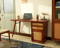 Boston Wooden Rattan Cane Study Laptop Table Desk with Two Drawer and One Door With Chair Brown Finish