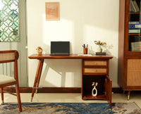 Boston Wooden Rattan Cane Study Laptop Table Desk with Two Drawer and One Door With Chair Brown Finish