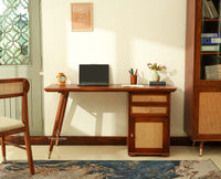 Boston Wooden Rattan Cane Study Laptop Table Desk with Two Drawer and One Door With Chair Brown Finish