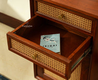 Boston Wooden Rattan Cane Study Laptop Table Desk with Two Drawer and One Door Brown Finish 