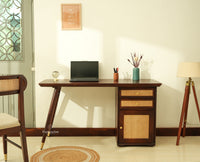 Boston Wooden Rattan Cane Study Laptop Table Desk with Two Drawer and One Door With Chair Grey Finish