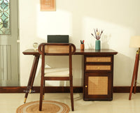 Boston Wooden Rattan Cane Study Laptop Table Desk with Two Drawer and One Door With Chair Grey Finish