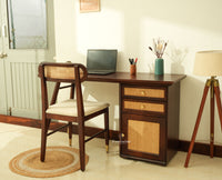 Boston Wooden Rattan Cane Study Laptop Table Desk with Two Drawer and One Door With Chair Grey Finish