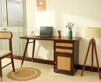 Boston Wooden Rattan Cane Study Laptop Table Desk with Two Drawer and One Door With Chair Grey Finish