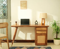 Boston Wooden Rattan Cane Study Laptop Table Desk with Two Drawer and One Door With Chair Natural Oak Finish