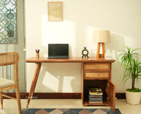 Boston Wooden Rattan Cane Study Laptop Table Desk with Two Drawer and One Door Natural Oak Finish