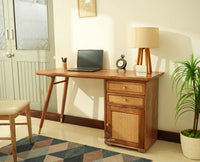 Boston Wooden Rattan Cane Study Laptop Table Desk with Two Drawer and One Door Natural Oak Finish
