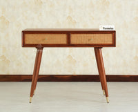 Boston Wooden Rattan Cane Study Laptop Table Desk with Two Drawer Brown Finish