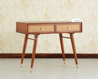 Boston Wooden Rattan Cane Study Laptop Table with Two Drawers With Chair Brown Finish