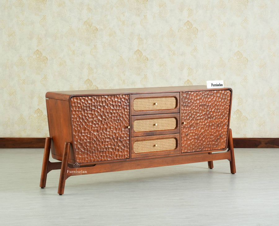 NewYork Wooden Rattan Cane Two Door Sideboard With Three Drawers - Brown Finish
