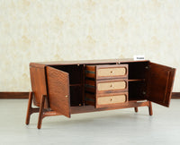 NewYork Wooden Rattan Cane Two Door Sideboard With Three Drawers - Brown Finish
