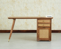 Boston Wooden Rattan Cane Study Laptop Table Desk with Two Drawer and One Door Natural Oak Finish