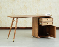 Boston Wooden Rattan Cane Study Laptop Table Desk with Two Drawer and One Door With Chair Natural Oak Finish