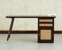 Boston Wooden Rattan Cane Study Laptop Table Desk with Two Drawer and One Door With Chair Grey Finish