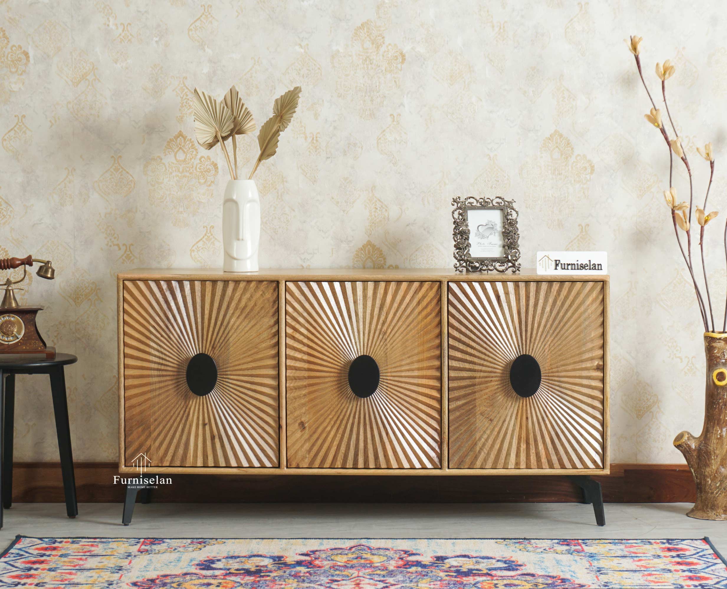 Greece Premium Look Wooden Sideboard Cabinet 3 Doors Furniselan Natural Finish