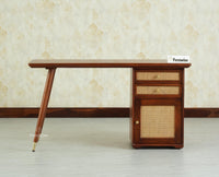 Boston Wooden Rattan Cane Study Laptop Table Desk with Two Drawer and One Door Brown Finish 