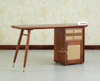 Boston Wooden Rattan Cane Study Laptop Table Desk with Two Drawer and One Door Brown Finish 