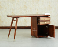 Boston Wooden Rattan Cane Study Laptop Table Desk with Two Drawer and One Door With Chair Brown Finish