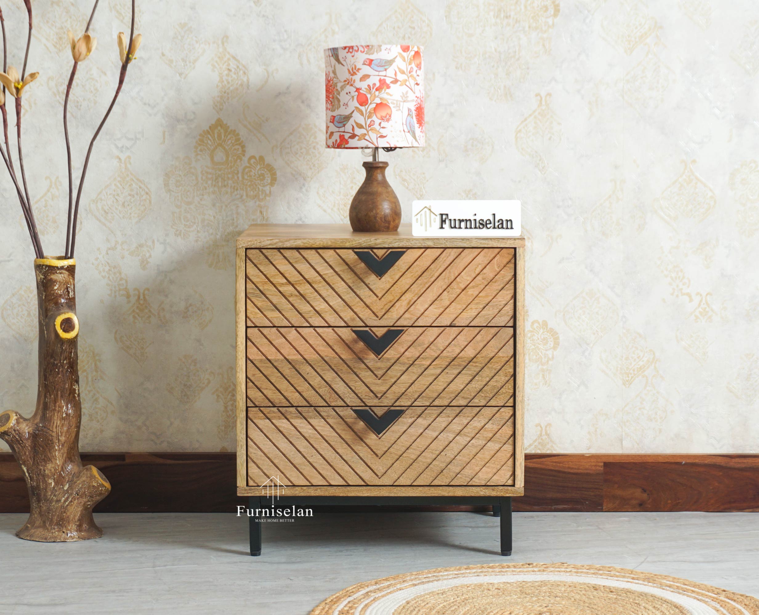 Victoria Wooden Three Drawer Bedside Table Nightstand Furniselan Natural Finish