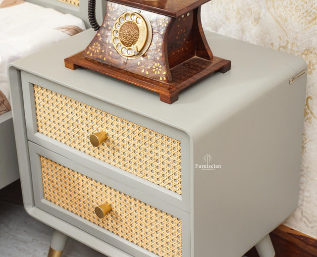 Boston Solid Wood Rattan Cane Two Drawer Bedside Table - Bedside Table - Furniselan Cool-Grey 