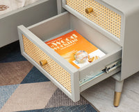 Boston Solid Wood Rattan Cane Two Drawer Bedside Table - Bedside Table - Furniselan Cool-Grey 