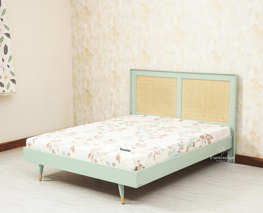 Boston Solid Wood Rattan Cane Queen Size Bed - Queen Size Bed - Furniselan Silt-Green 
