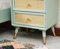 Boston Solid Wood Rattan Cane Two Drawer Bedside Table - Bedside Table - Furniselan Silt-Green