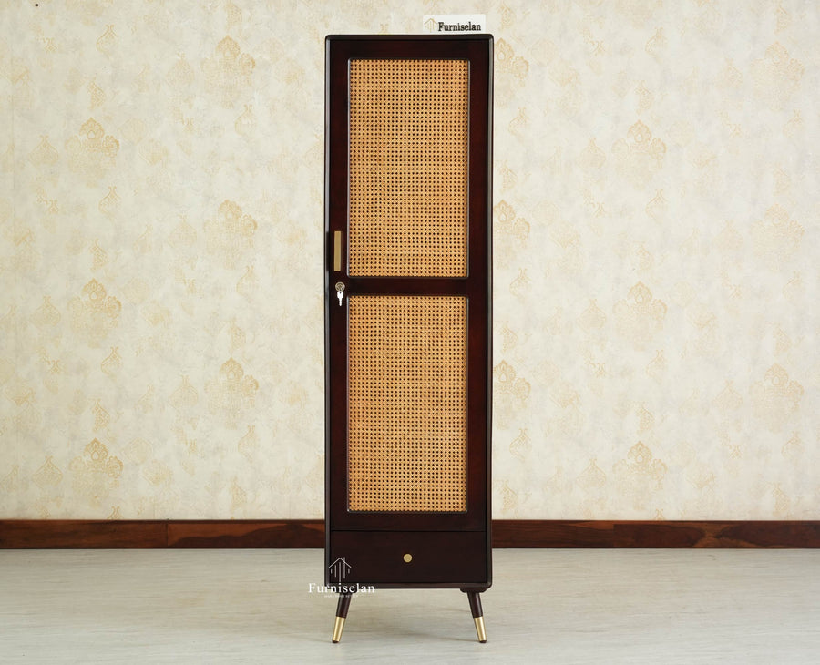 Boston Solid Wood Rattan Cane Single Door Wardrobe - Wardrobes & Cabinets - Furniselan-Grey Finish