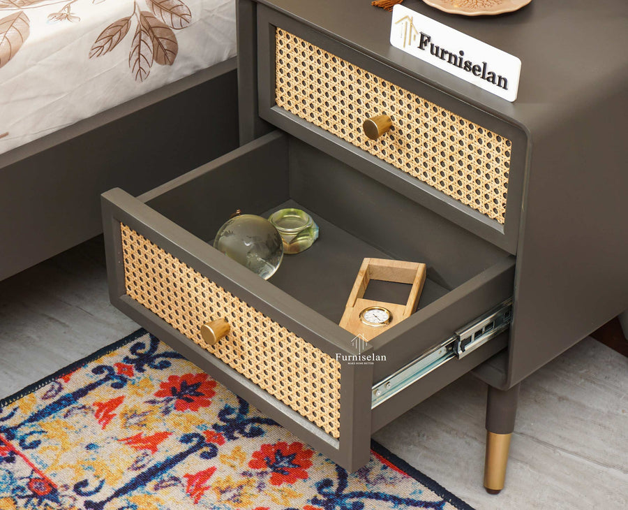Boston Solid Wood Rattan Cane Two Drawer Bedside Table - Bedside Table - Furniselan Slate-Grey
