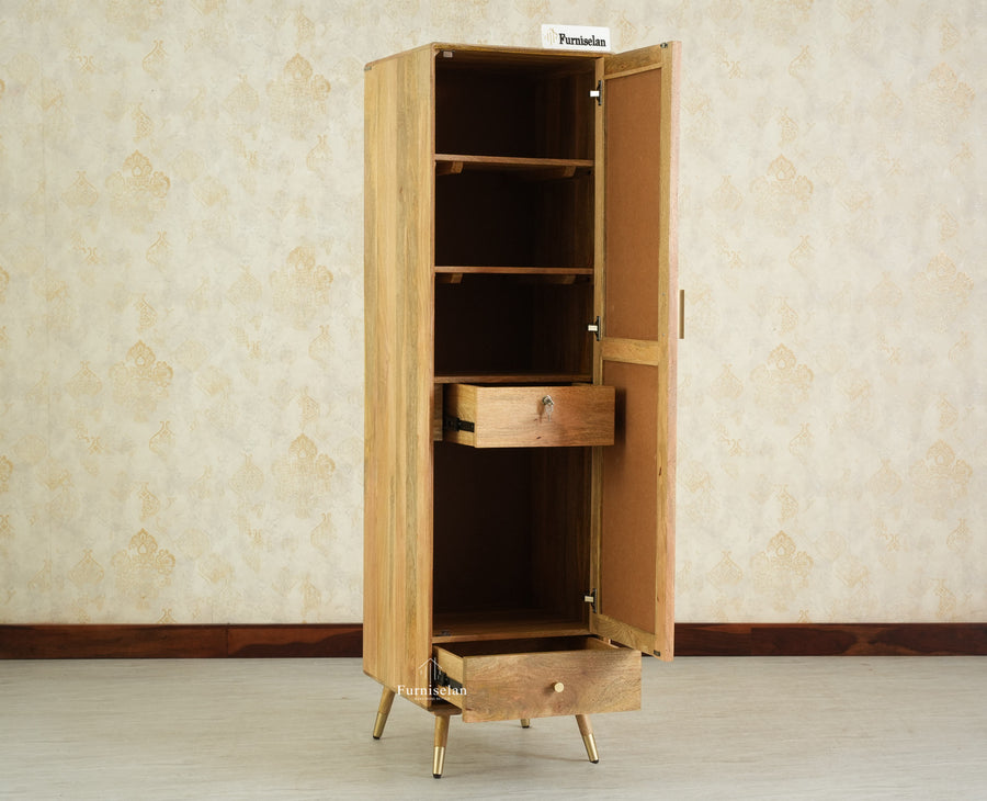Boston Solid Wood Rattan Cane Single Door Wardrobe - Wardrobes & Cabinets - Furniselan-Natural Finish