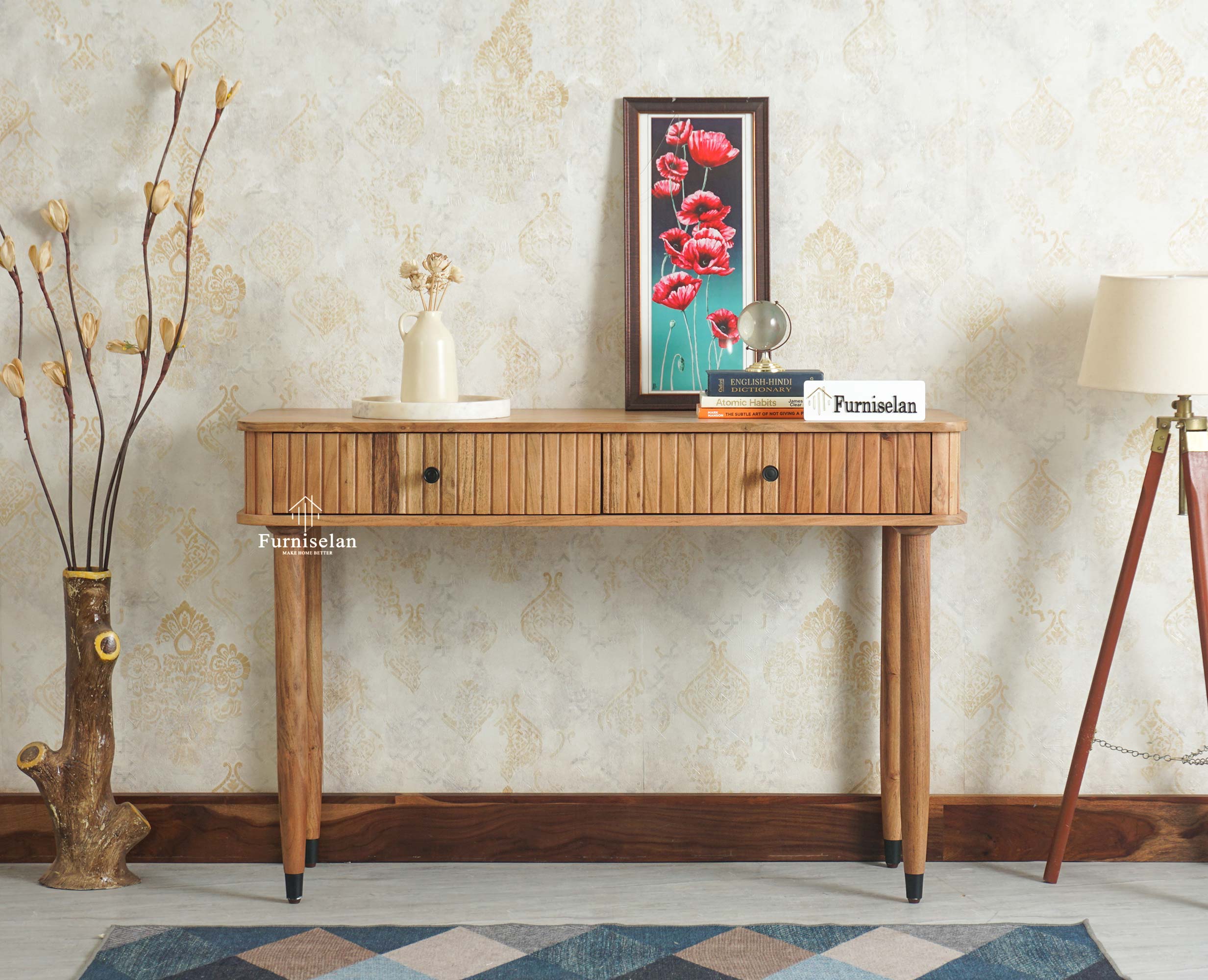 Eiffel Wooden Two Drawer Console Table Furniselan Natural Finish