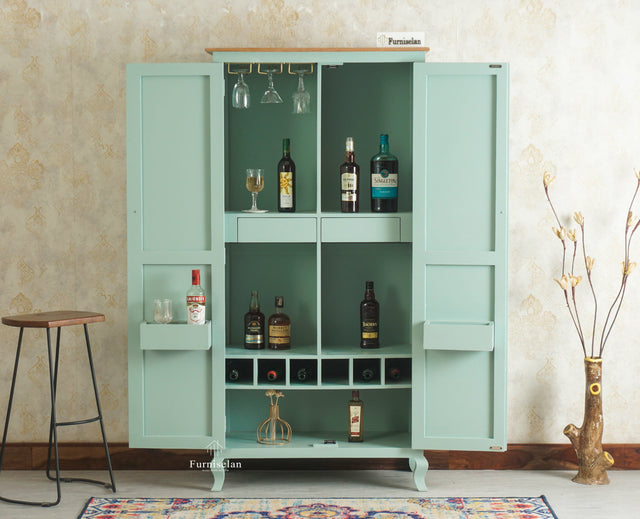 Mumbai Wooden Large Bar Cabinet with Glass Holder Storage Furniselan Silt Green