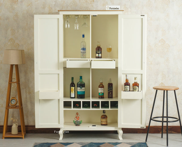 Mumbai Wooden Large Bar Cabinet with Glass Holder Storage Furniselan Frosty White