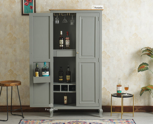 Mumbai Wooden Large Bar Cabinet with Glass Holder Storage Furniselan Cool Grey