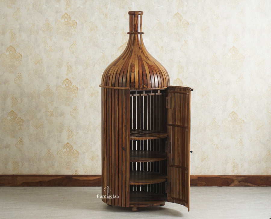 Florence Decanter Style Sheesham Wood Bar Cabinet with Glass Holder Furniselan Teak Finish