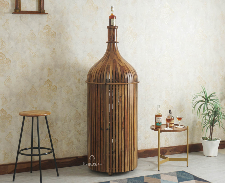 Florence Decanter Style Sheesham Wood Bar Cabinet with Glass Holder Furniselan Teak Finish