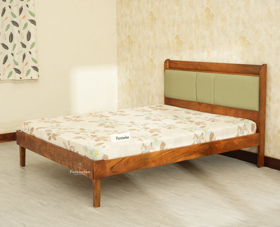Santorini Wooden Queen Bed with Upholstered Headboard Teak Finish