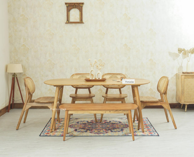 Antilia Wooden Six Seater Dining set with Four Chairs and Bench Furniselan Natural Finish