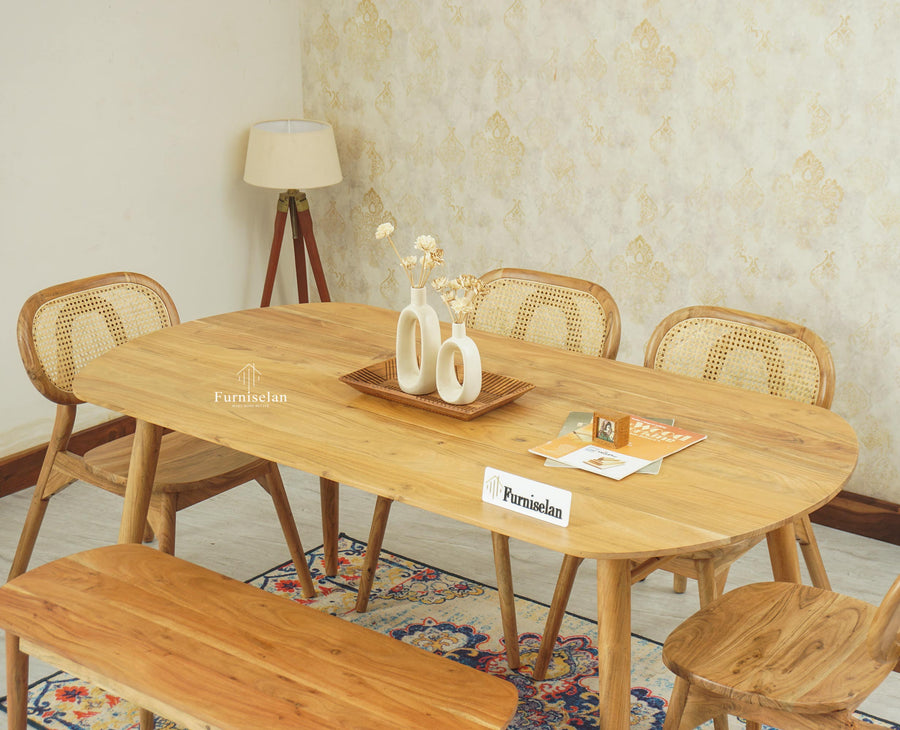 Antilia Wooden Six Seater Dining set with Four Chairs and Bench Furniselan Natural Finish