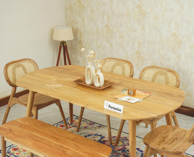 Antilia Wooden Six Seater Dining set with Four Chairs and Bench Furniselan Natural Finish