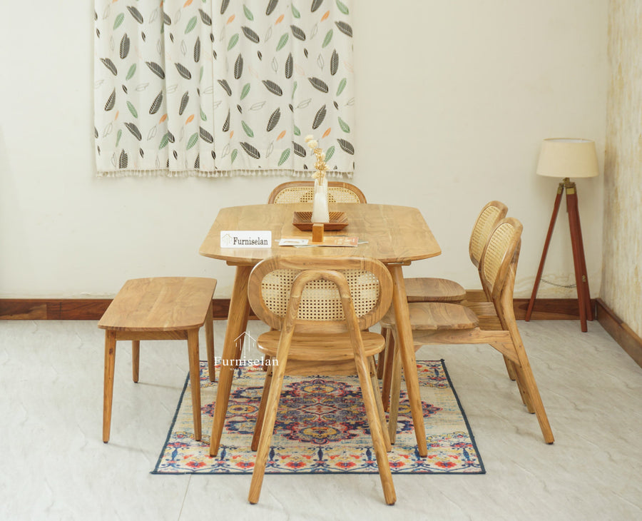 Antilia Wooden Six Seater Dining set with Four Chairs and Bench Furniselan Natural Finish