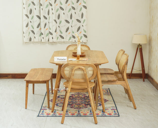 Antilia Wooden Six Seater Dining set with Four Chairs and Bench Furniselan Natural Finish