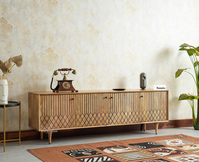 Verona Grid Wooden Large Tv Cabinet Media Unit 4 Door Furniselan natural finish