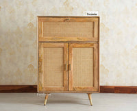 Boston Solid Wood Rattan Cane Bar Cabinet with Glass Holder Storage Multipurpose features Furniselan Natural Finish