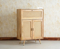 Boston Solid Wood Rattan Cane Bar Cabinet with Glass Holder Storage Multipurpose features Furniselan Natural Finish