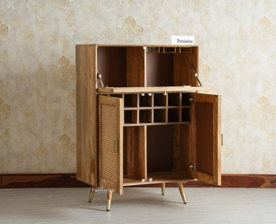 Boston Solid Wood Rattan Cane Bar Cabinet with Glass Holder Storage Multipurpose features Furniselan Natural Finish