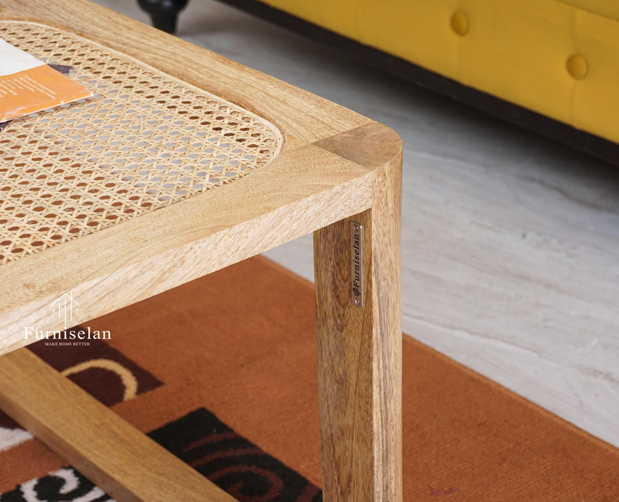 Boston Solid Wood Rattan Square Coffee Table Furniselan Natural-Finish