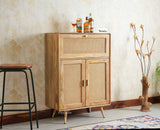 Boston Solid Wood Rattan Cane Bar Cabinet with Glass Holder Storage Multipurpose features Furniselan Natural Finish