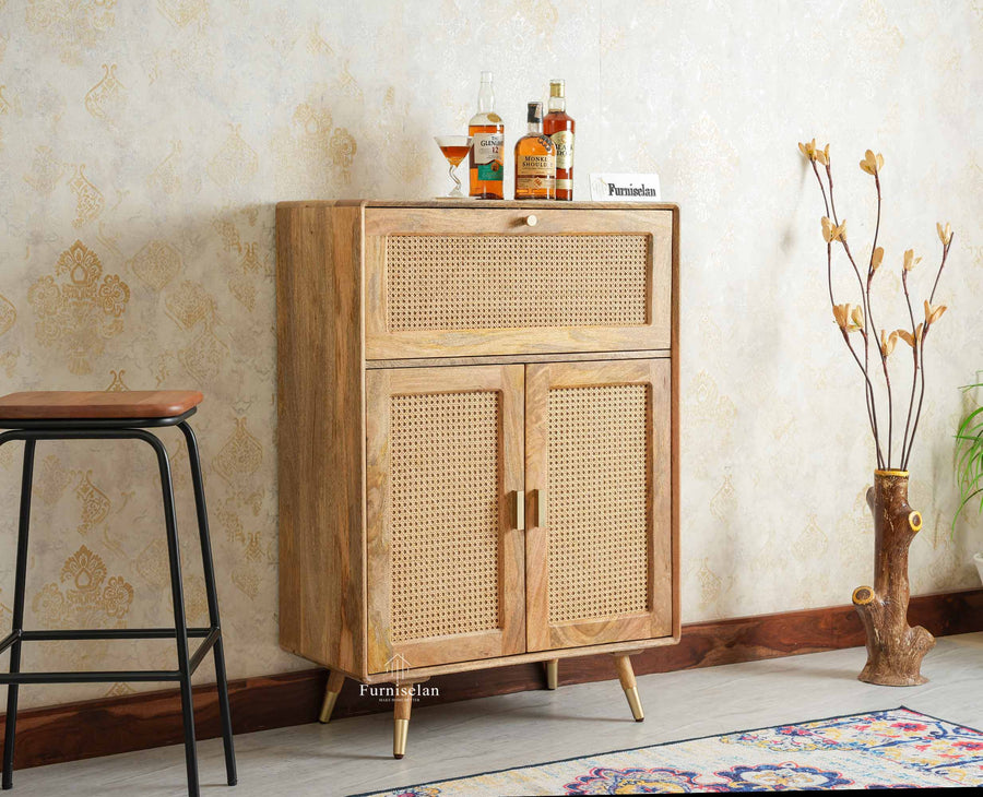 Boston Solid Wood Rattan Cane Bar Cabinet with Glass Holder Storage Multipurpose features Furniselan Natural Finish